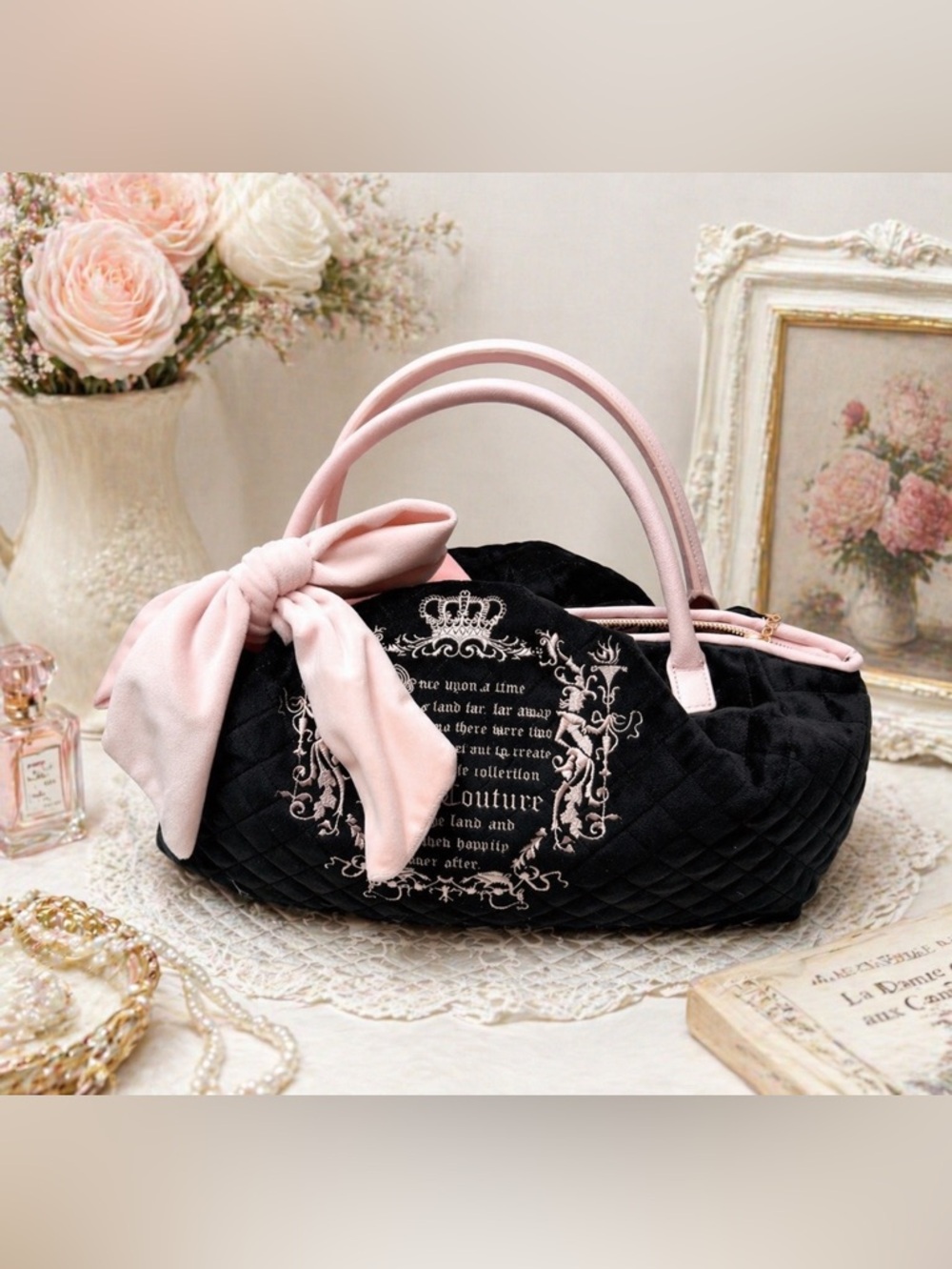 NWT Coquette Bow Purse Black Pink Quilted Princesscore Handbag